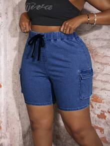 Slaydiva Shorts vaqueros de cargo sexy de cintura alta y silueta ajustada para tallas grandes - Azul lavado oscuro - Ver 5