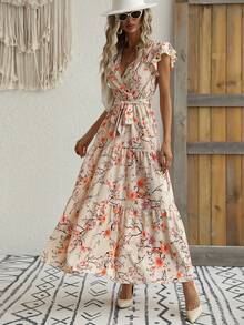 Breezaya Vestido Longo com Estampa Floral, Manga Borboleta, Babado na Barra, Cinto, Roupas de Praia e Férias para Mulheres - Damasco - Visão 3