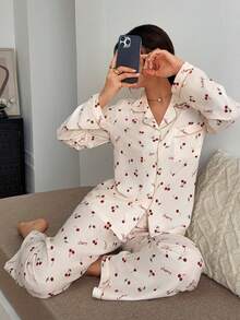 樱桃印花翻领长袖睡衣套装（女士款） - 杏色 - 查看 7