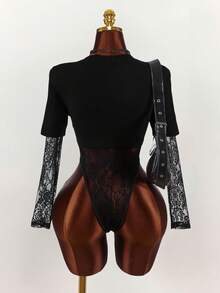 Amplova Women's Lace Patchwork Round Neck Letter Print Casual Bodysuit, Versatile For Daily Wear - Black - View 8