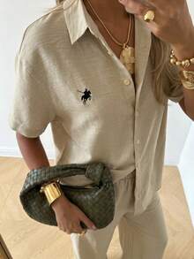 SHEIN EZwear Summer Women's Knight Pattern Short Sleeve Single-Breasted Shirt And Light Khaki Woven Casual Pants Set Business Casual Outfit Women - Khaki - View 5