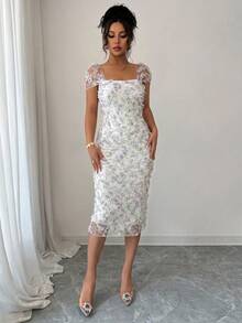 Elenzga Vestido midi elegante y romántico de mujer con malla impresa y fruncido, adecuado para la temporada de bodas, fiestas, citas, salidas casuales, primavera/verano - Morado - Ver 6