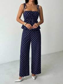 SHEIN PETITE Women's Casual Black Polka Dot Print Camisole And Pants 2 Pieces Set, Cute Polka Dot 2 Pieces Set For Summer, Polka Dot 2 Pieces Set For Valentine's Day Polka Dot Outfit 2 Pcs Set Women Summer,Vacation Outfits Women - Navy Blue - View 4