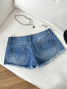 Elamini Shorts vaqueros de talle bajo con efecto desgastado y adornos de strass, estilo casual Y2K - Azul lavado medio - Ver 2