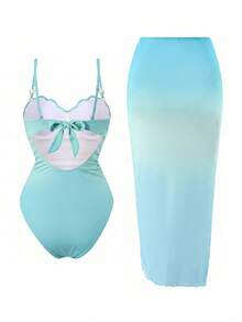 Swim Oasis Conjunto de traje de baño de 2 piezas de moda de alta gama para mujer con falda ajustado con abertura lateral fruncida, ajustable, con decoración de concha y degradado de color, para primavera/verano - verde menta - Ver 2