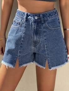 Livesso Women's Vintage Washed Frayed Hem Side Slit Casual Relaxed Straight Leg Denim Shorts, Suitable For Spring, Summer, Beach, Vacation - Light Wash - View 2