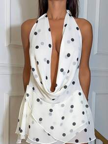 杏色底黑色波点雪纺垂褶领露背荷叶边下摆性感优雅长裙，适合海滩度假，印花长裙，沙滩长裙，露背长裙 - 杏色 - 查看 6