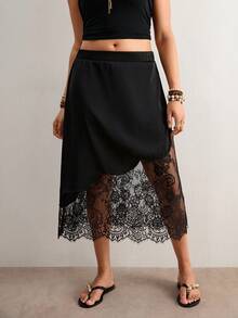 Freevana Plus Size Women's Lace Patchwork Asymmetric Design Black Skirt, Elegant Daily Wear, Spring & Summer Shell Trim, Asymmetrical Design, Satin, Midi Skirt, Music Festival Outfit; Pure Black Skirt, Elegant Style, Suitable For Everyday Wear. - Black - View 3