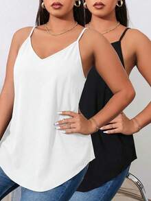 SHEIN EZwear Plus Size Solid Color Spaghetti Strap Casual Summer Curved Hem Daily Wear Tank Top Zipper Top Black And White Tops Women Cami Tops For Women - Black and White - View 6