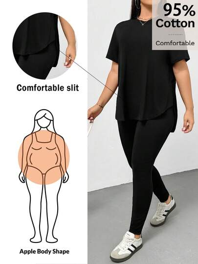 Shapeblank Plus Size Summer Casual Solid Color T-Shirt And Leggings 2 Pieces Set