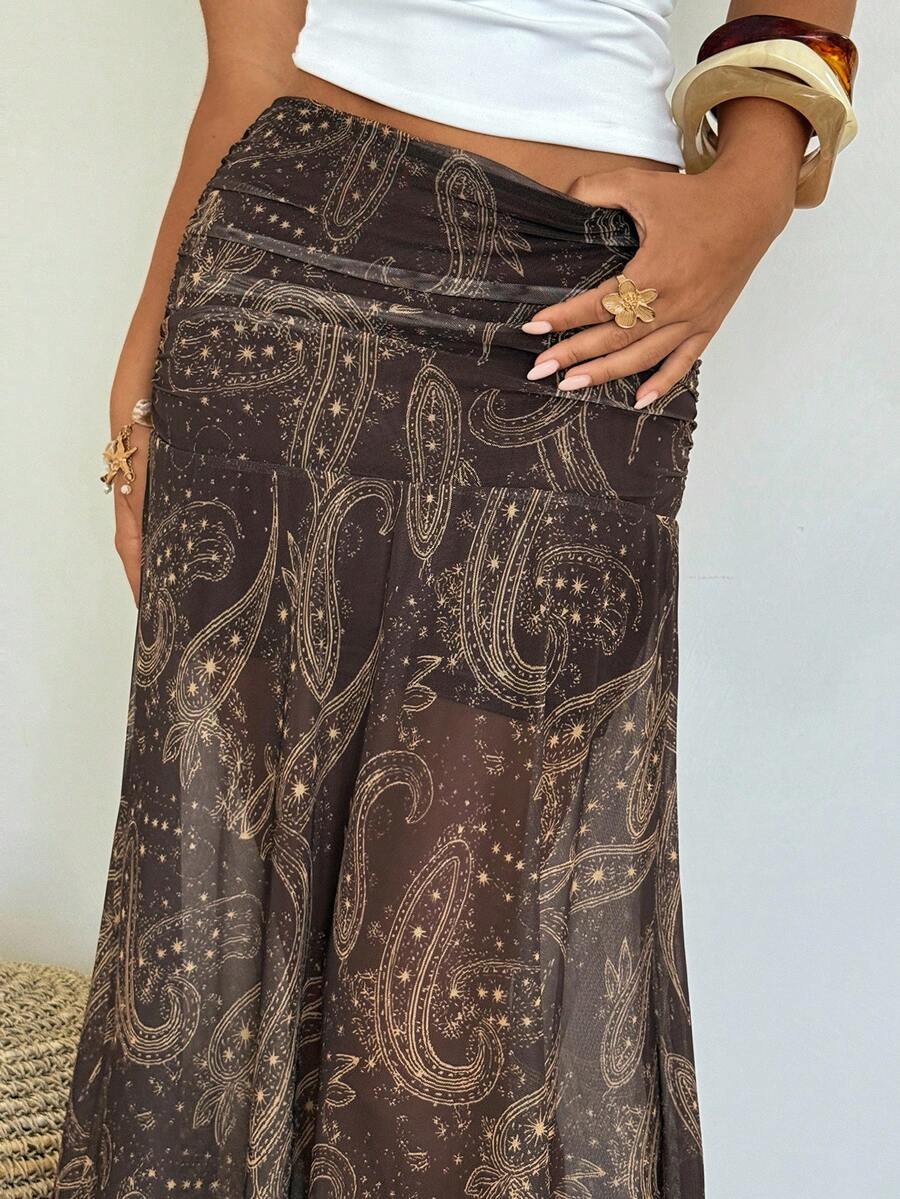 Aloruh 女士时尚波西米亚风佩斯利印花长裙 - 卡其色 - 查看 1