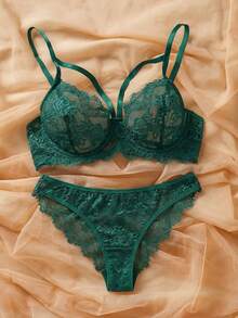 SHEIN 2pcs/Set Lace Underwire Bra Set For Women - Dark Green - View 4