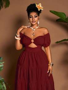 Maweii Vestido mini de talla grande para mujer con hombros descubiertos, mangas de pétalos y unicolor para vacaciones - Burdeos - Ver 5