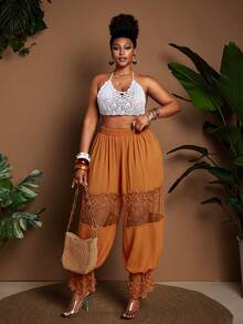 Maweii Plus Size Women Lace Patchwork Lantern Pants - Orange - View 7