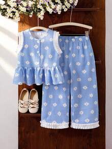 女童（小号）蓝色格子雏菊印花无袖荷叶边上衣和直筒裤两件套，夏季休闲乡村风套装 - 藍色 - 查看 1
