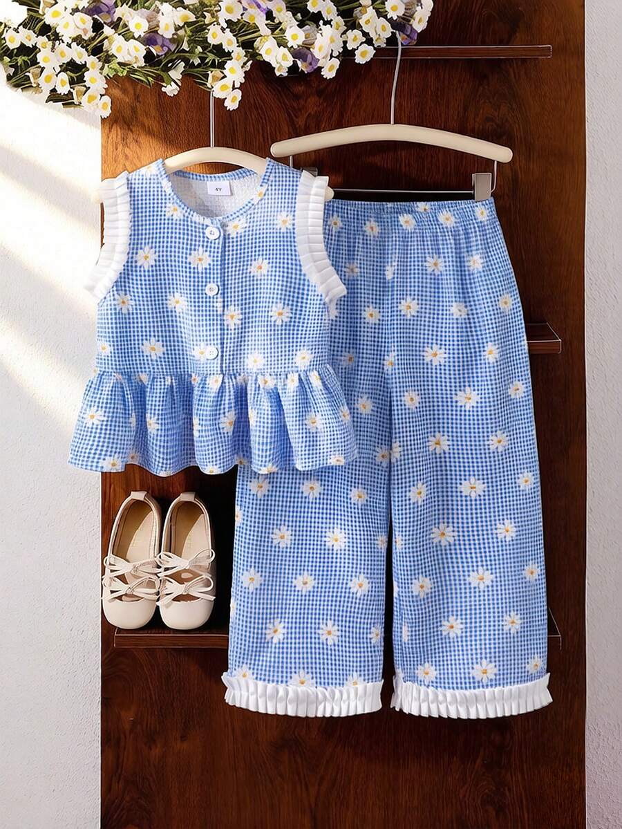女童（小号）蓝色格子雏菊印花无袖荷叶边上衣和直筒裤两件套，夏季休闲乡村风套装 - 藍色 - 查看 1