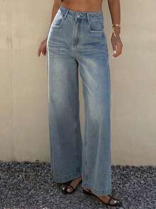 Livesso Women's Vintage Washed Loose Casual Street Vacation Outdoor Wide Leg Straight Jeans, Suitable For Summer, Spring And Autumn - Blue - View 3
