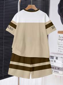 青少年男童休闲舒适简约圆领短袖T恤短裤套装，经典意大利米兰文字图案印花，条纹图案印花 - 彩色 - 查看 4