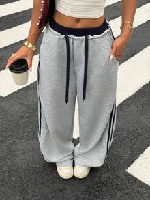 Muchica 撞色条纹灰色针织女式运动裤 - 淺灰色 - 查看 3