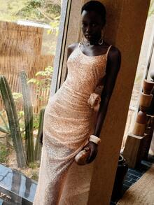 Arave Vestido camisero con abertura alta, bordado de lentejuelas y malla - Dorado - Ver 6