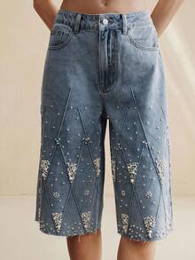Anewsta Celana Jeans Wanita Biru Model Lurus dengan Hiasan Mutiara Terbaru - Biru - View 3