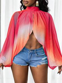 BamGleam Áo sơ mi nữ tay ngắn cổ đứng nhuộm tie-dye, kiểu dáng thường ngày, đa năng. - Đỏ - Xem 6