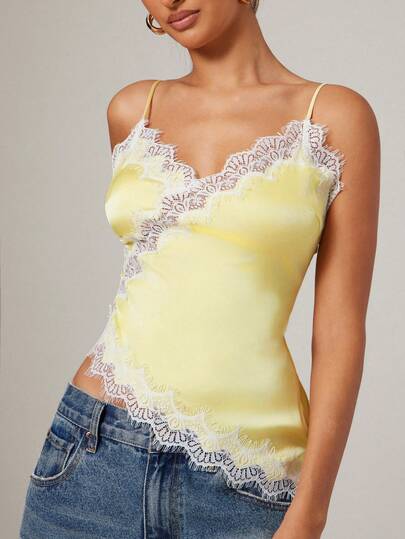 Hauture Women's Satin Cami With Lace Trim Sexy Old Money Style