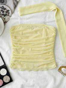 SHEIN Áo tank top và áo camisole cho bé gái tuổi teen, kèm khăn quàng cổ cùng màu, kiểu dáng nhún eo, màu đen chấm bi trắng. - Màu vàng - Xem 4