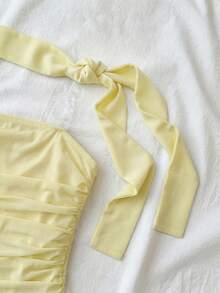 SHEIN Áo tank top và áo camisole cho bé gái tuổi teen, kèm khăn quàng cổ cùng màu, kiểu dáng nhún eo, màu đen chấm bi trắng. - Màu vàng - Xem 6