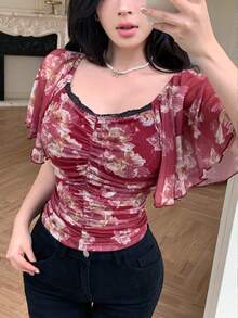 Modelyn Áo thun mùa hè thanh lịch, chất liệu lưới, in hoa, viền ren, kiểu dáng lưới, thích hợp cho kỳ nghỉ. - Màu Đỏ Sâu - Xem 8