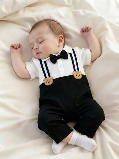 SHEIN Newborn Baby Boy Short Sleeve Romper | Black & White Color-Blocked With 3D Bear + Bow Tie Decor, Casual & Chic, Comfortable For Spring/Autumn, Suitable For Party, Outing, Photography Newborn Baby Boy Outfit Set Baby Formal Outfit Christening Outfit For Baby Boy Photoshoot Outfit For Baby Baby Boy Romper Suit Baby Outfits Unisex Baby Clothes Baptismal Outfit For Baby Boy Baby Photoshoot Outfit