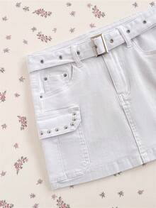 Elamini 时尚休闲淑女铆钉腰带白色牛仔迷你裙 - 白色 - 查看 4