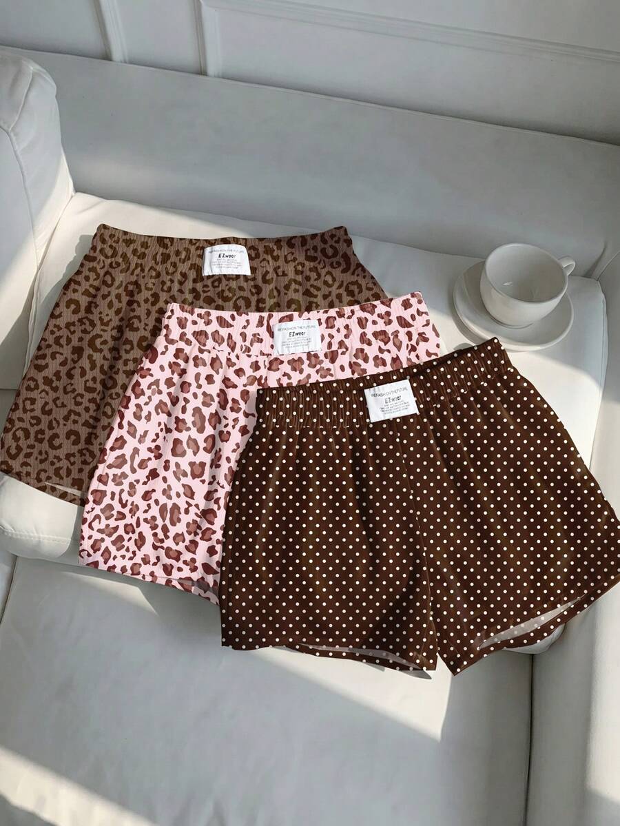 SHEIN EZwear 3件套女士休闲迷彩印花短裤套装，梭织面料，舒适日常穿着 - 彩色 - 查看 1
