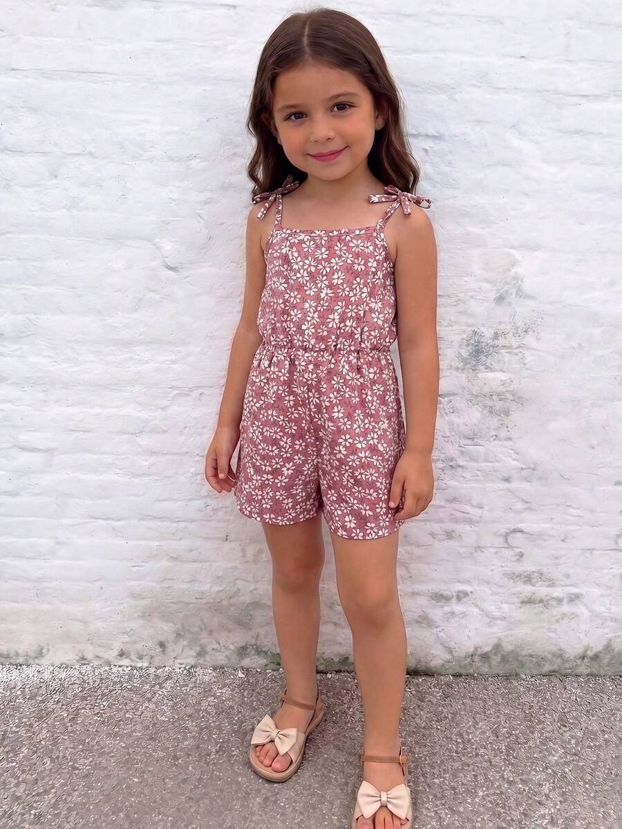 SHEIN Romper Camisole Motif Bunga Daisy Tenun untuk Anak Perempuan - Berwarna merah muda - View 1
