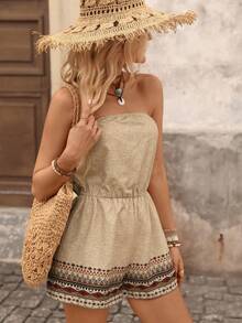 Brillora Damen lässiger ärmellose Boho-Stil Romper mit elastischer Taille und geometrischem Muster, für Strandurlaub - Khaki - Übersicht 6