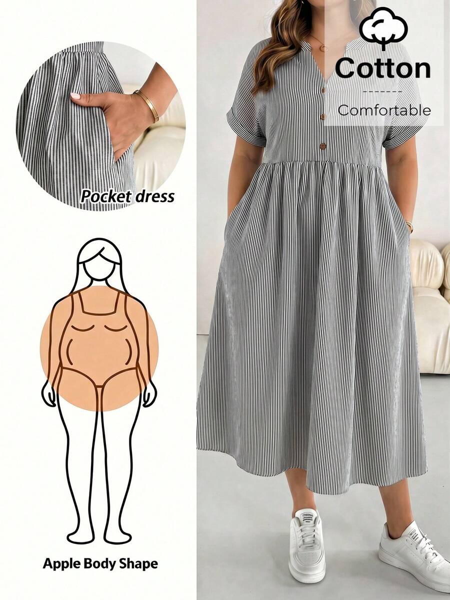 SHEIN Essnce 大码女式V领条纹褶皱休闲派对连衣裙 - 黑與白 - 查看 1