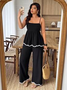 SHEIN PETITE CURVE Conjunto feminino plus size de duas peças com estampa de ondas e laços em cores contrastantes, cintura em linho sintético, ideal para o dia a dia na primavera/verão. - Preto - Ver 6