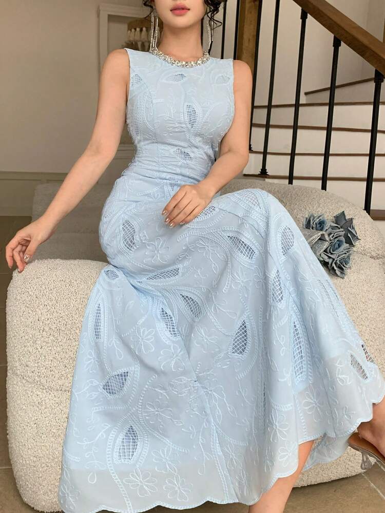 New Arrival Spring & Summer Mist Blue Rhinestone Decor Sleeveless Lace Dress For Women Floral Dresses For Women