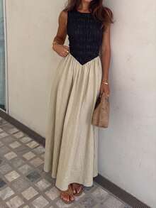 Siren Gaze 女士夏季优雅休闲长款连衣裙，无袖圆领褶皱上衣飘逸长裙，适合海滩度假毕业典礼穿着，黑米双色夏季连衣裙，女士夏季连衣裙，女士休闲连衣裙，夏季服装，女士夏季穿搭 - 彩色 - 查看 2