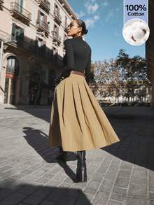 SHEIN X Scot Louie Maija 新款春夏卡其色褶裥侧袋设计可拆卸PU皮带女裙，适合办公室穿着 - 卡其色 - 查看 4