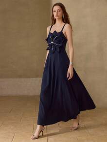 MOTF PREMIUM ELEGANT SOPHISTICATED PARTY/DATE NIGHT DRESS, HIGH-END KNITTED FLORAL 3D RHINESTONE DECOR WAIST SLIMMING SLEEVELESS NAVY BLUE MAXI DRESS - Navy Blue - View 4