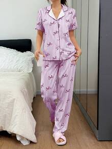 Napfluff Striped Bow Print Contrast Trim Women Pajama Set - Purple - View 5