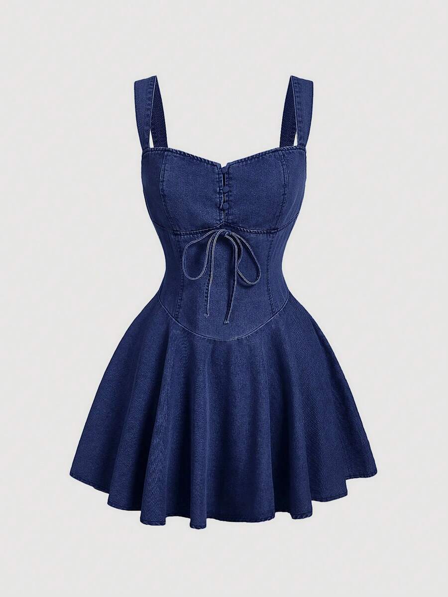 SHEIN MOD Đầm denim nữ, đầm ngắn ôm dáng thường ngày, màu xanh dương - Rửa tối - Xem 1