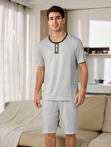 CoupledUp Striped Print Short Sleeve & Shorts Pajama Set With Fake Placket For Men - Multicolor - View 3
