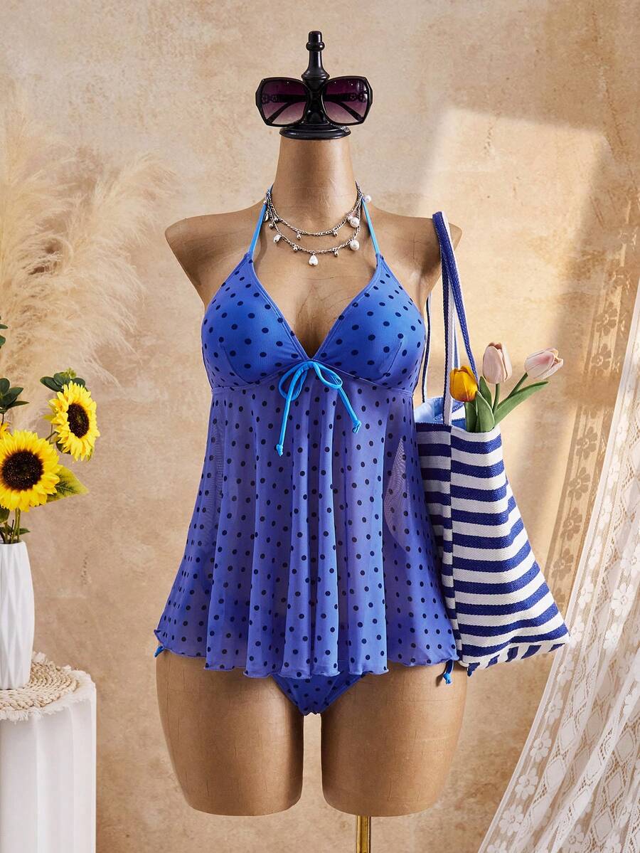 Bellisia Bộ đồ bơi tankini cổ yếm in chấm bi dành cho nữ, thích hợp cho kỳ nghỉ hè trên bãi biển. - Màu vàng - Xem 1