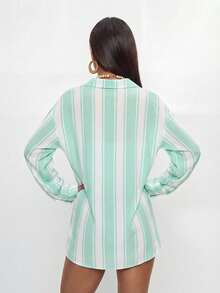 Avantive 2026 Camisa de estilo vintage a rayas para cubrir en la playa, casual y de vacaciones - Azul - Ver 3