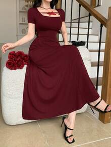 DAZY Red Elegant Bow Decor Long Dress For Women, Spring & Summer - Red - View 7