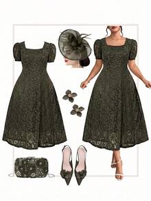 SHEIN Clasi Plus Size Solid Color Square Neck Short Sleeve Elegant Dress, Summer - Army Green - View 2