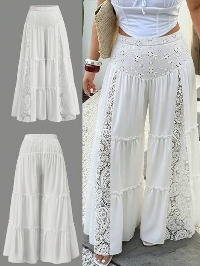 Sunnyshic Große Größen Boho-Stil weiße gerüschte mehrlagige Spitzen-besetzte Hose, hochgeschnittenes Weites-Bein Design, perfekt für den Sommer, verziert mit Cut-Out-Stickerei und Spitzenbesatz. Geeignet für Sommer/Strand/Lässig Anlässe.