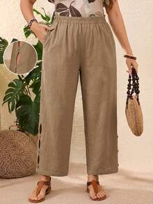 Rosumi Plus Size Vacation Casual Solid Color Hollow Out Pants,Summer Outfits For Women,Vacation Outfits Woman - Khaki - View 9
